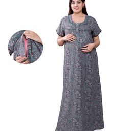 Mamma's Maternity Rayon Half Sleeves Paisley Printed Nighty With Nursing Access - Sage Green-image-3