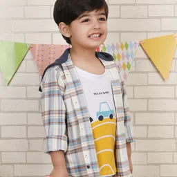 Polka Tots Cotton Full Sleeves Checked Hooded Shirt With Attached Tee - Cream-picture-28