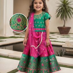 Babyhug Woven Half Sleeves Choli Lehenga Set & Sequinned Dupatta With Floral Embroidery & Lace Detailing - Green-image-3