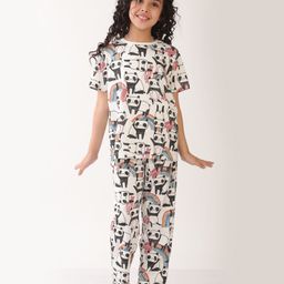 Anthrilo Cotton Knit Half Sleeves Panda Printed Coordinating Night Suit Set - White-image-123