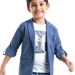 Dapper Dudes Full Sleeves Textured Blazer With One Step Up Level Text Foil Printed Tee Set - Dark Blue-image-85