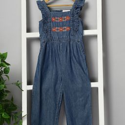 Budding Bees Denim Woven Sleeveless Floral Embroidered Frill Detailed Jumpsuit - Blue-image-64