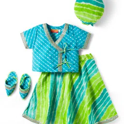Exclusive from Jaipur Cotton Woven Half Sleeves Choli Lehenga Set With Cap & Booties - Green-picture-3
