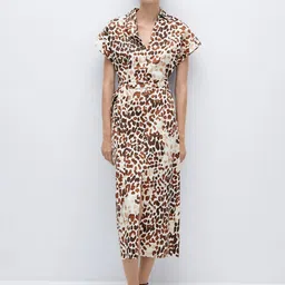 MANGO Pure Cotton Animal Print Shirt Midi Dress with Belt-image-77