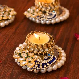 Aapno Rajasthan Gold-Toned 2 Pieces Peacock Pattern Tea Light Candle Holder-image-6