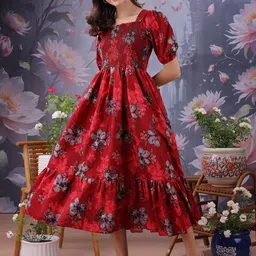 STARWORD Floral Printed Smocked Cotton Fit & Flare Midi Dress-image-79