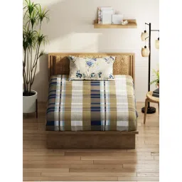 KOPA Single Bed Bedsheet With Pillow Cover (Classic Cotton Feel) Floral-Sand Beige/Blue (Queen)-image-2