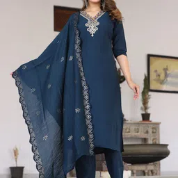 G4Girl Women Floral Embroidered Regular Thread Work Pure Silk Kurta with Trousers & With Dupatta-picture-56