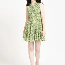 Zenava by Myntra Geometric Printed Tie-Up Neck Chiffon Fit & Flare Mini Dress-image-17