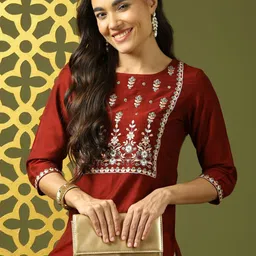 Anouk Floral Embroidered Round Neck Straight Dupion Silk Kurta-48