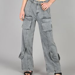 Glossia Nova Women Comfort Wide Leg High-Rise Heavy Fade Acid Wash Stretchable Cargo Jeans-image-31