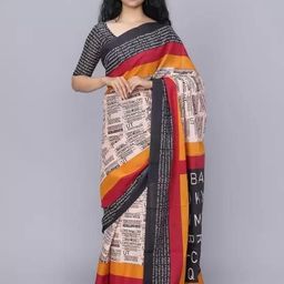 TROPWEAR Ethnic Motifs Linen Blend Block Print Saree-picture-12