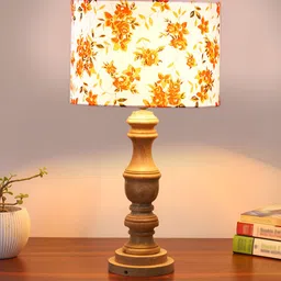 Devansh White Printed Wood Traditional Cylindrical Shaped Table Lamp-18