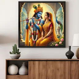 999Store Yellow & Blue Radha & Krishna With Flute Religious Canvas Wall Art-image-58