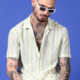 Voroxy Men Relaxed Fit Vertical Striped Cuban Collar Casual Shirt-image-32