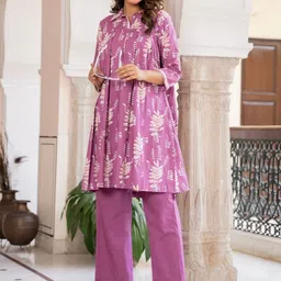 HERE&NOW Women Purple Floral Printed Pure Cotton Top With Trousers-picture-8