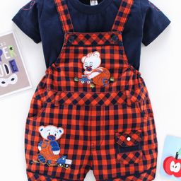 Dapper Dudes Half Sleeves Tee With Checkered Teddy Patch Dungaree - Orange-image-13