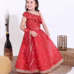 Babyhug Sleeveless Sequins Choli & Lehenga With Dupatta - Red-picture-21