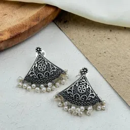 NAMAN ARTS Silver-Plated Geometric Oxidised Drop Earrings-image-33