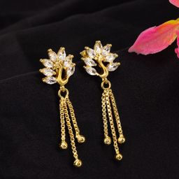 PRIVIU Gold-Plated American Diamond Studded And Beaded Peacock Shaped Drop Earrings-12