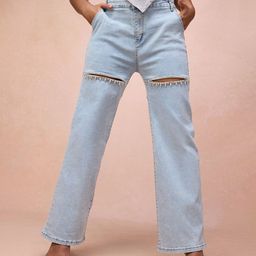 FREAKINS Women Straight Fit High-Rise Slash Knee Light Fade Jeans-picture-6
