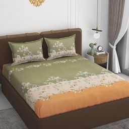 VOMZER Green Floral Printed Cotton 210 TC Fitted King Bedsheet Set -1.98 m x 1.83 m-image-33