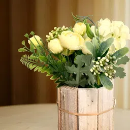 Myntra Elegant Homes Yellow & Green Rose Plant With Wooden Pot-picture-41