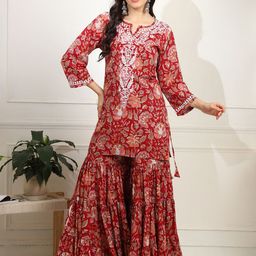 SUFIZA LIFESTYLE Floral Printed Pure Cotton Chikankari Notch Neck Kurti With Sharara-image-61