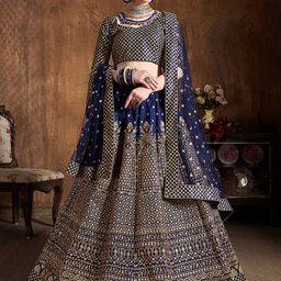 ETHNIC PLUS Embroidered Sequinned Semi-Stitched Silk Lehenga & Unstitched Blouse & Dupatta-image-74
