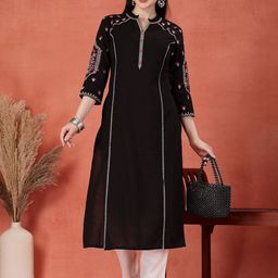 Sangria Floral Embroidered Thread Work Mandarin Collar Pure Cotton Straight Kurta-image-26