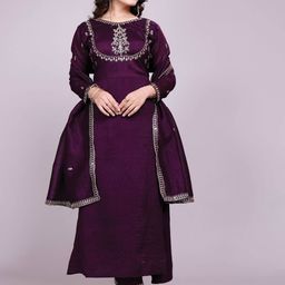 BLENDIFY Floral Yoke Design Zari A-Line Kurta With Trousers And Dupatta-picture-16