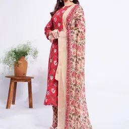 A TO Z CART Women Floral Printed Regular Kurta with Trousers & With Dupatta image 2
