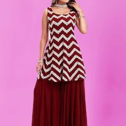 PARROT CREATION Embroidered Sequinned Round Neck Kurti with Sharara & Dupatta-25
