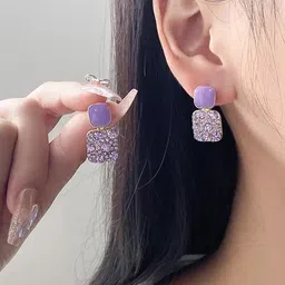 ONUYX Women's Purple Square Stone Studded Drop Earrings-28