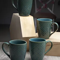 Myntra Elegant Homes Green & Beige 4 Pieces Textured Ceramic Glossy Mugs 250ml-0