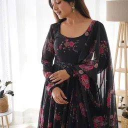 Femvy Women Floral Printed Fit And Flare Ethnic Dress With Dupatta And Belt-image-30