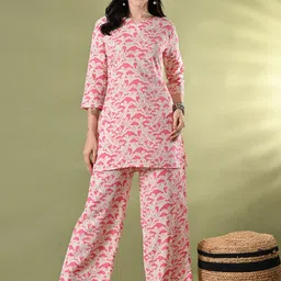HARIKS Floral Printed Pure Cotton Round Neck Top With Palazzos Co-Ords-picture-5