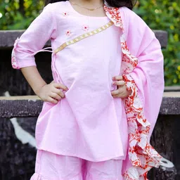 Thread & Button Girls Floral Embroidered Regular Thread Work Pure Cotton Kurti with Sharara & With Dupatta image 5