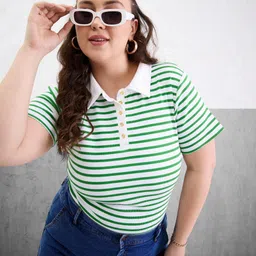 SASSAFRAS Curve Women Plus Size Striped Polo Collar T-shirt-image-12