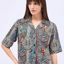 DressBerry Women Ethnic Motifs Printed Satin Shirt Style Crop Top-image-82
