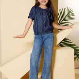 Peppermint Girls Puff Sleeve Cotton Denim Top-picture-37