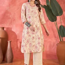 SangriaFloral Printed V-Neck Straight Kurta-image-83