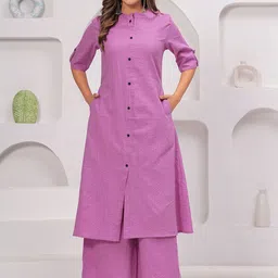 Angvarnika Striped Mandarin Collar Kantha Work Pure Cotton Straight Kurta With Palazzos-45
