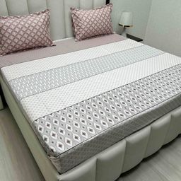 Pure Decor White Geometric Printed Pure Cotton 330 TC Flat King Bedsheet Set-2.74m x 2.74m-image-70