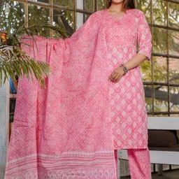 SINGNI Floral Printed V-Neck Pure Cotton Straight Kurta With Trousers & Dupatta-picture-28