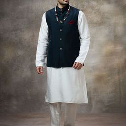 Rivaar By Rocky Star Solid Mandarin Collar Kurta With Trousers & Nehru jacket-image-54