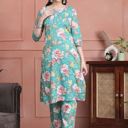 SOUNDARYA Floral Printed Pure Cotton Straight Kurta With Trouser-image-20