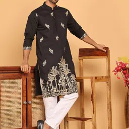 Jompers Ethnic Motifs Embroidered Mandarin Collar Thread Work Straight Kurta With Pyjama-16