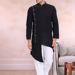 Moda Rapido Mandarin Collar Angrakha Pure Cotton Kurta With Pyjamas-image-17
