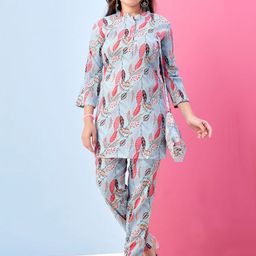 BAESD Girls Leaf Printed Mandarin Collar Top With Trousers-28